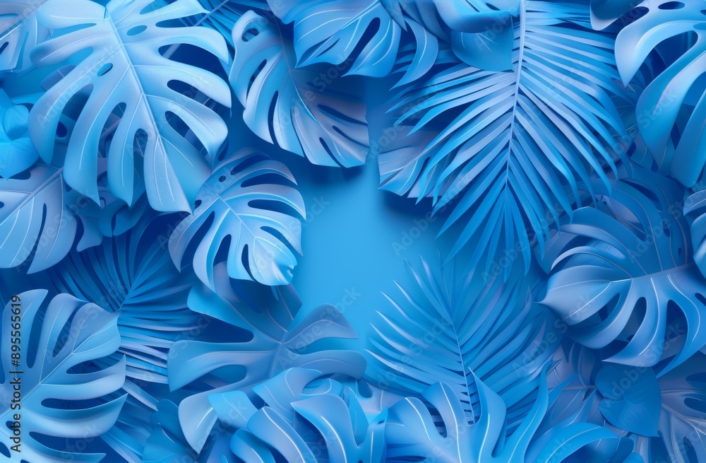 Abstract 3D Rendering of Blue Tropical Leaves in Geometric Flat Design, Perfect for Summer Concepts and Banner Templates Abstract 3D Rendering of Blue Tropical Leaves in Geometric Flat Design, Perfect for Summer Concepts and Banner Templates