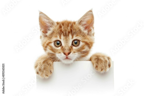 Adorable Ginger Kitten Holding Blank White Sign Isolated on White Background