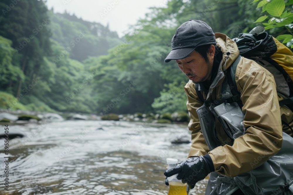 Environmentalist inspecting water quality in a river, Japanese, Portrait half-body, hyper-realistic, high detail, photorealistic, white background, Key Light, Fill Light Environmentalist inspecting water quality in a river, Japanese, Portrait half-body, hyper-realistic, high detail, photorealistic, white background, Key Light, Fill Light