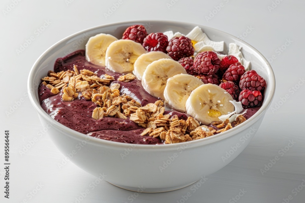 A bowl of na tigela, a smoothie bowl made with berries, topped with granola, bananas, and a drizzle of honey A bowl of na tigela, a smoothie bowl made with berries, topped with granola, bananas, and a drizzle of honey