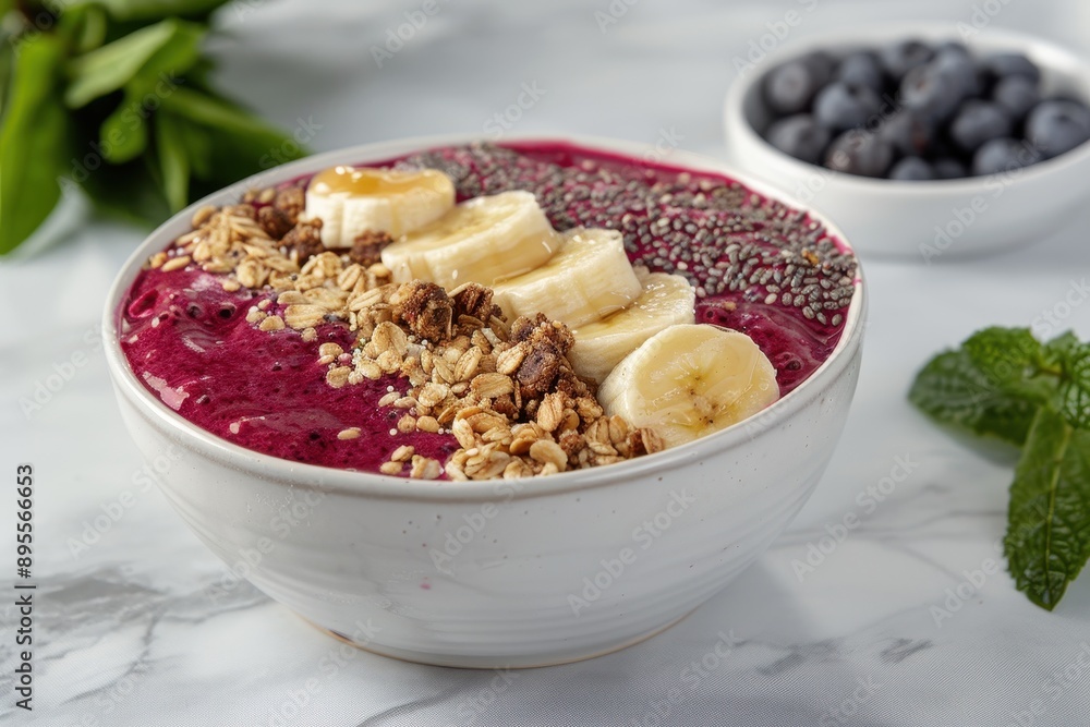 A bowl of na tigela, a smoothie bowl made with berries, topped with granola, bananas, and a drizzle of honey A bowl of na tigela, a smoothie bowl made with berries, topped with granola, bananas, and a drizzle of honey