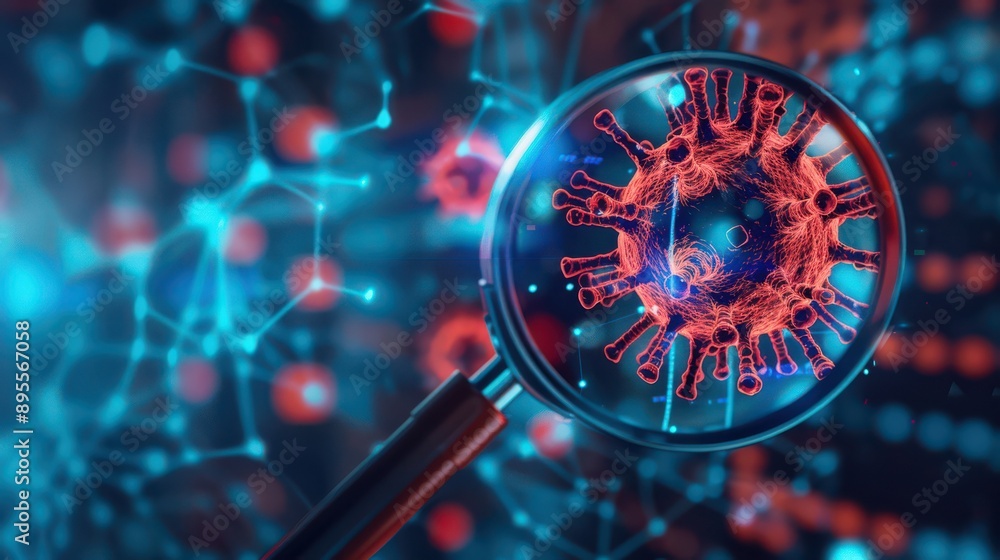 Magnifying glass over a computer virus warning, Malware, detecting and preventing cyber threats Magnifying glass over a computer virus warning, Malware, detecting and preventing cyber threats