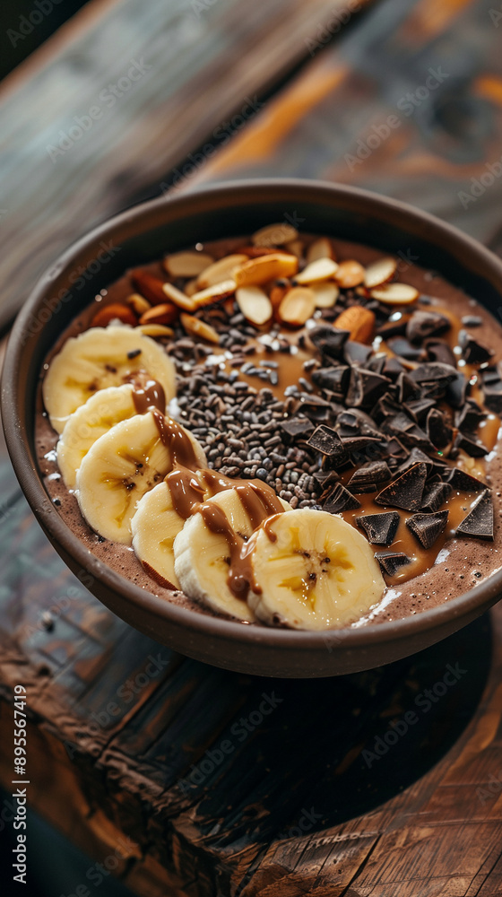 Fruit and chocolate smoothie in a deep bowl decorated with chocolate drops, banana, and crushed almonds with cocoa Fruit and chocolate smoothie in a deep bowl decorated with chocolate drops, banana, and crushed almonds with cocoa