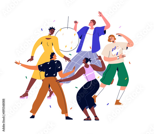 Happy people dancing at party. Discotheque with disco ball at night club. Young modern men and women friends having fun, clebrating holiday. Flat vector illustration isolated on white background