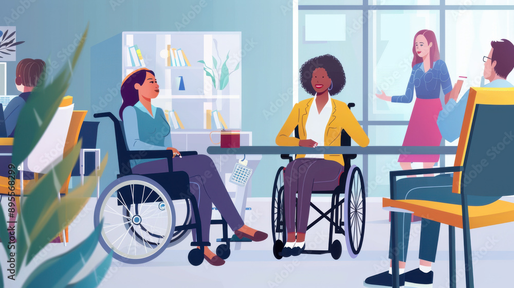 Inclusive workplace with a woman in a wheelchair participating in a recruitment meeting, representing diversity in employment and career opportunities for disabled individuals Inclusive workplace with a woman in a wheelchair participating in a recruitment meeting, representing diversity in employment and career opportunities for disabled individuals