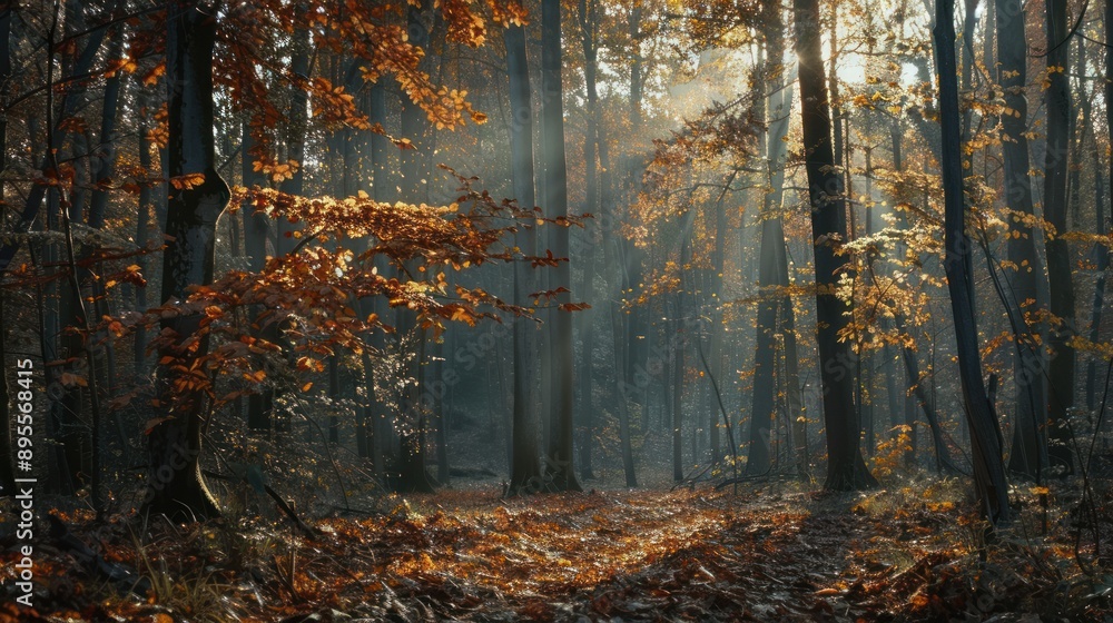 Fototapeta premium Sunbeams Filtering Through Autumn Forest