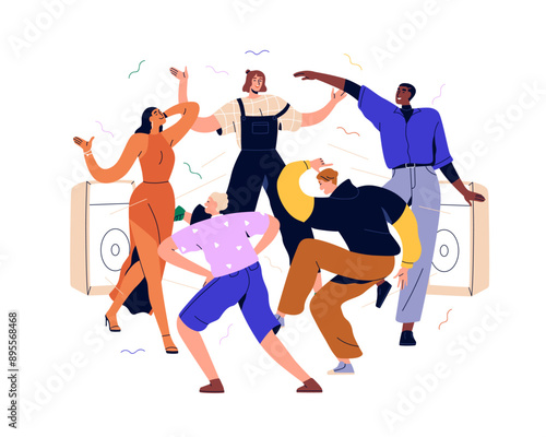 People at disco party. Happy young men, women group dancing together. Discotheque fun. Modern joyful cheerful friends raving, moving to music. Flat vector illustration isolated on white background