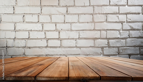 Empty wooden table over white brick wall background, product display montage © Arda ALTAY