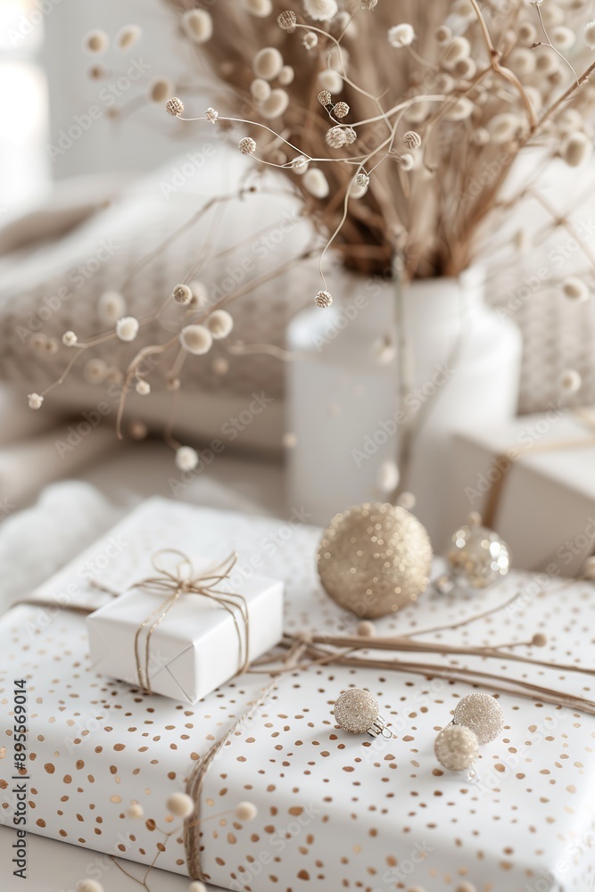 Gift packaging placed on the table with a gift box, Scandinavian style design Gift packaging placed on the table with a gift box, Scandinavian style design