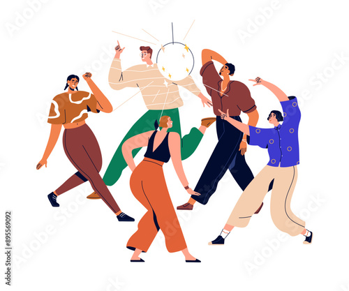 Happy people dancing at disco party. Excited men, women group moving to music. Rave and fun at night club. Young characters at discotheque. Flat vector illustration isolated on white background