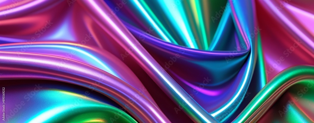Holographic abstract neon rainbow colors silk. Hologram gradient neon color backdrop. Foil effect graphic. Psychedelic fluorescent creative background. Trendy 80s or 90s concept. Holographic abstract neon rainbow colors silk. Hologram gradient neon color backdrop. Foil effect graphic. Psychedelic fluorescent creative background. Trendy 80s or 90s concept.