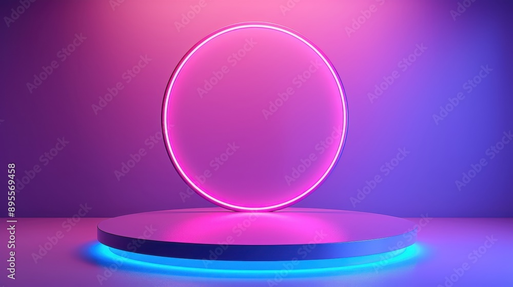 Futuristic neon-lit podium with a glowing circle backdrop in pink and blue hues, creating a vibrant, modern aesthetic. Futuristic neon-lit podium with a glowing circle backdrop in pink and blue hues, creating a vibrant, modern aesthetic.