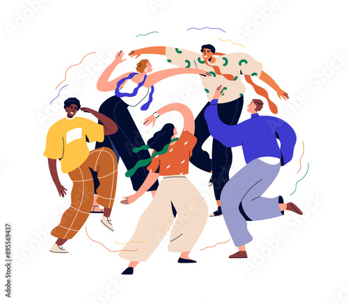 People dancing at discotheque. Happy young modern female, male characters in motion, moving and raving to music at disco party. Fun at nightclub. Flat vector illustration isolated on white background