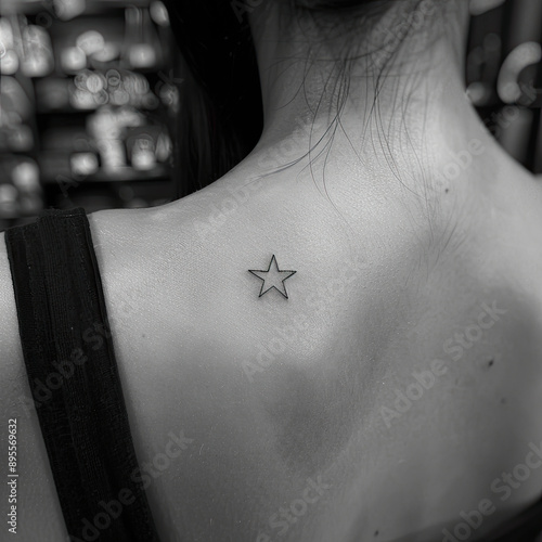 A tiny, elegant star tattoo with distinct lines and subtle highlights, placed on the shoulder blade.