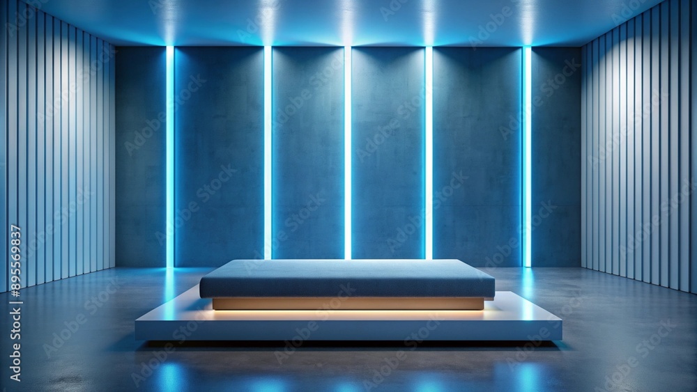 A sleek blue platform with soft ambient lighting, set in a modern studio with minimalist decor, emphasizing the clean lines and empty space around the podium. A sleek blue platform with soft ambient lighting, set in a modern studio with minimalist decor, emphasizing the clean lines and empty space around the podium.