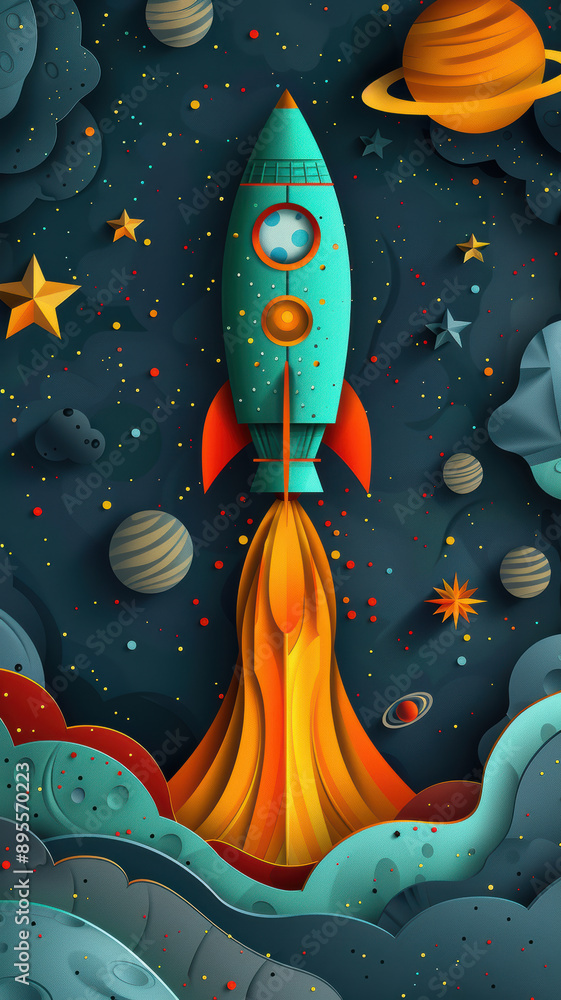 Paper Cut Style Rocket to the Moon Paper Cut Style Rocket to the Moon