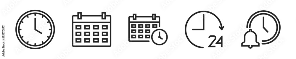 Time and Date icon set. Set of 5 outline icons related to time and date. Linear icon collection. Time and date outline icons collection. Editable stroke. Vector illustration. Time and Date icon set. Set of 5 outline icons related to time and date. Linear icon collection. Time and date outline icons collection. Editable stroke. Vector illustration.