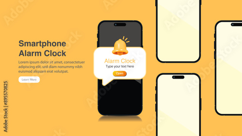 Smartphone Alarm Clock with Alert Ring Bell Mockup Banner. Front View of Cell Phone with Notification. Mobile Phone with Push Message App on Screen. Vector.