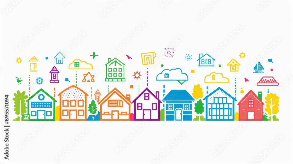 A colorful line art illustration depicting various houses connected by continuous lines A colorful line art illustration depicting various houses connected by continuous lines