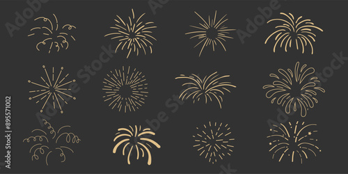 Set gold fireworks, firecrackers golden burst, rays festive doodle sparkle lights isolated on dark background.Celebration, Party Icon, Anniversary, New Year Eve, independence