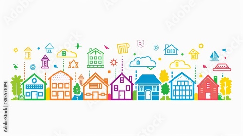 A colorful line art illustration depicting various houses connected by continuous lines