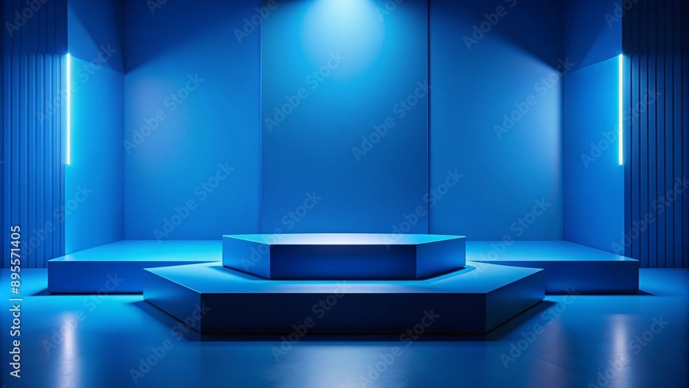 Fototapeta premium A monochrome blue scene with a blue platform and background, with subtle lighting creating depth and dimension without breaking the color scheme.