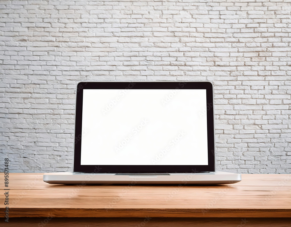 Laptop with blank screen on wooden table and white brick wall background. Copy space for your product, mock-up Laptop with blank screen on wooden table and white brick wall background. Copy space for your product, mock-up