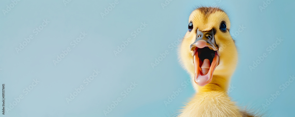A close-up shot of a cute duckling with a surprised expression. The background is a light blue color, which enhances the vibrant yellow feathers and the adorable look of the duckling