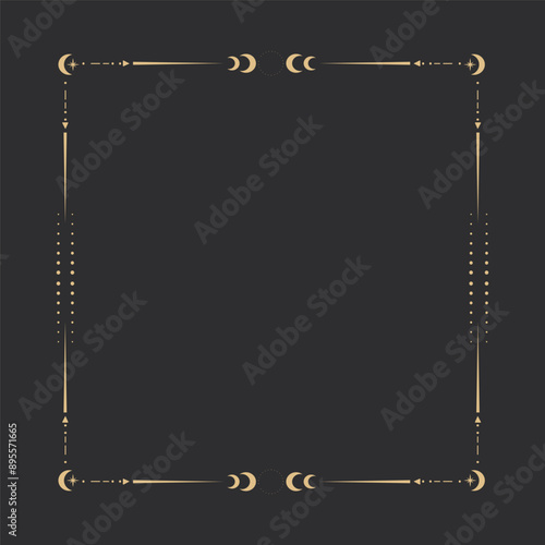 Gold celestial minimal esoteric frame, thin line border, mystyc linear decoration with dots, moon, stars corners isolated on dark background. Geometric shape, tarrot 