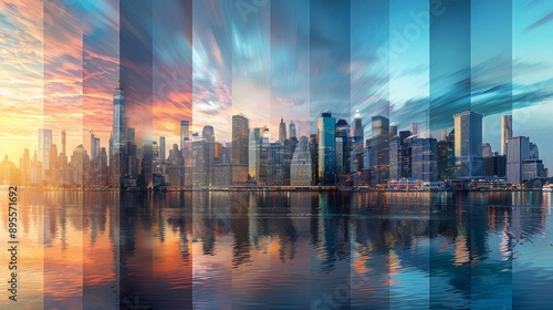 An artistic composite image of a city skyline transitioning from day to night