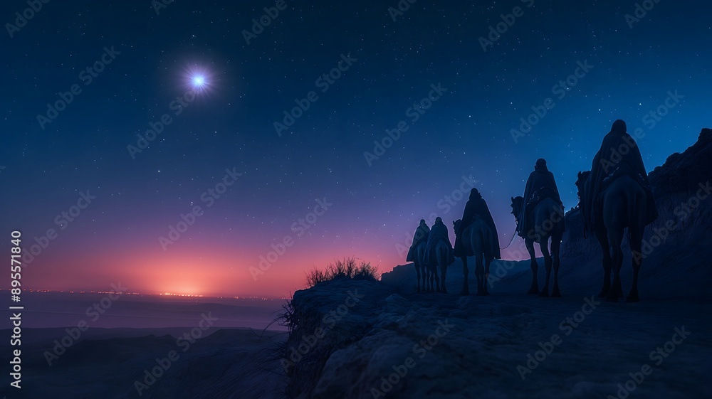 Naklejka premium Biblical Illustration, Wise Men from the East Go to Jerusalem to See the Newborn Baby Jesus