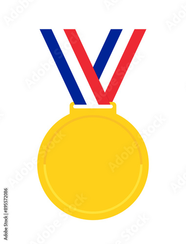 シンプルな無地の金メダルとトリコロールカラーの首掛けリボン - 優勝･1位･金賞のデザイン素材
