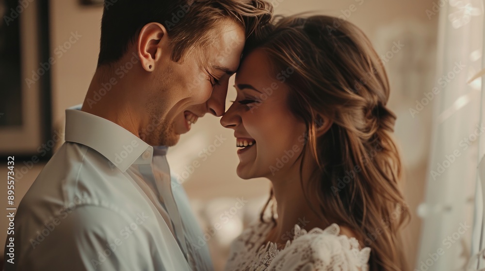 falling for one another. In the bedroom, a lovely young couple stands face to face, embracing and grinning. falling for one another. In the bedroom, a lovely young couple stands face to face, embracing and grinning.