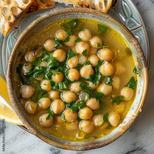 A bowl of revithia, a simple chickpea soup with olive oil, lemon, and herbs, served with crusty bread. photo