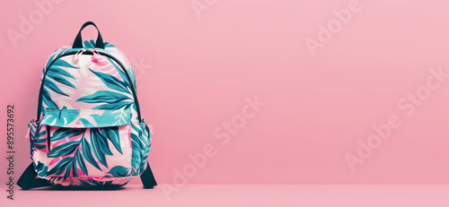 Stylish tropical print backpack on one tone copy space background. Fashion accsessories concept. photo