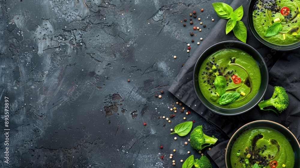 Vegan broccoli soup, top view with copy space Vegan broccoli soup, top view with copy space