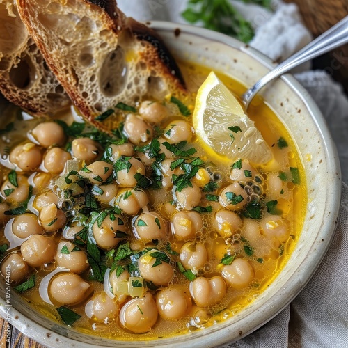 A bowl of revithia, a simple chickpea soup with olive oil, lemon, and herbs, served with crusty bread. photo