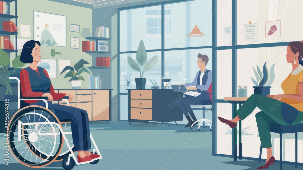 Professional office environment with a woman in a wheelchair attending a job interview, highlighting affirmative action, recruitment, and career opportunities for people with disabilities Professional office environment with a woman in a wheelchair attending a job interview, highlighting affirmative action, recruitment, and career opportunities for people with disabilities