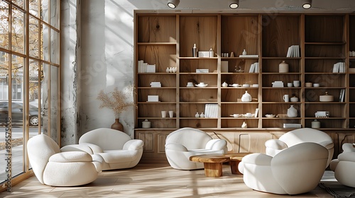 A minimalist photo of a stylish cafe, 