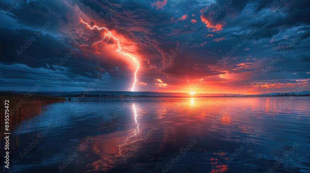 Dramatic Lightning Strike Over Serene Lake at Sunset with Vibrant Sky and Reflections Dramatic Lightning Strike Over Serene Lake at Sunset with Vibrant Sky and Reflections