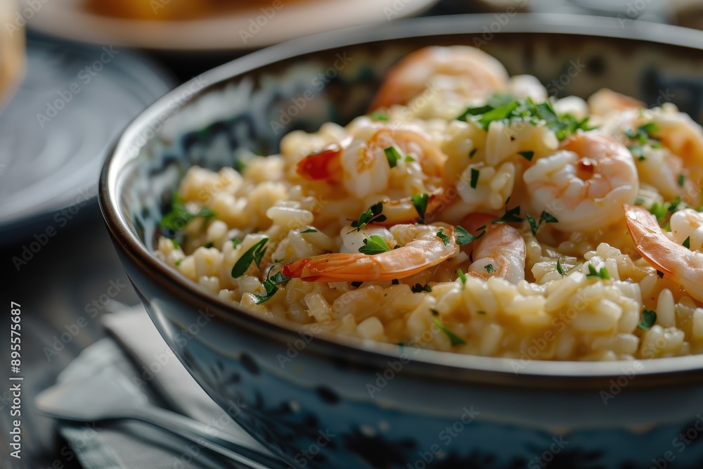 A bowl of seafood risotto, creamy and rich, with shrimp, scallops, and a hint of saffron, garnished with parsley. A bowl of seafood risotto, creamy and rich, with shrimp, scallops, and a hint of saffron, garnished with parsley.