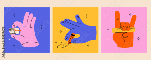 Hands holding school stuff. Hand drawn flat vector illustration big hands with the colorful book, pencil, ruler. Trendy isolated illustration, education concept.