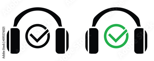 Headphones with tick symbol. Earphones sign. Set of vector icons isolated on white background.