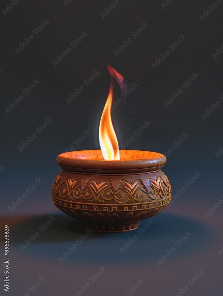 Burning Candle in Brown Bowl on Blue Background Burning Candle in Brown Bowl on Blue Background