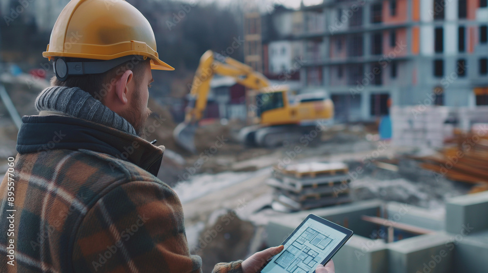 A construction manager on a busy site, using a tablet to review blueprints and coordinate with the team, with heavy machinery and construction materials in the background A construction manager on a busy site, using a tablet to review blueprints and coordinate with the team, with heavy machinery and construction materials in the background