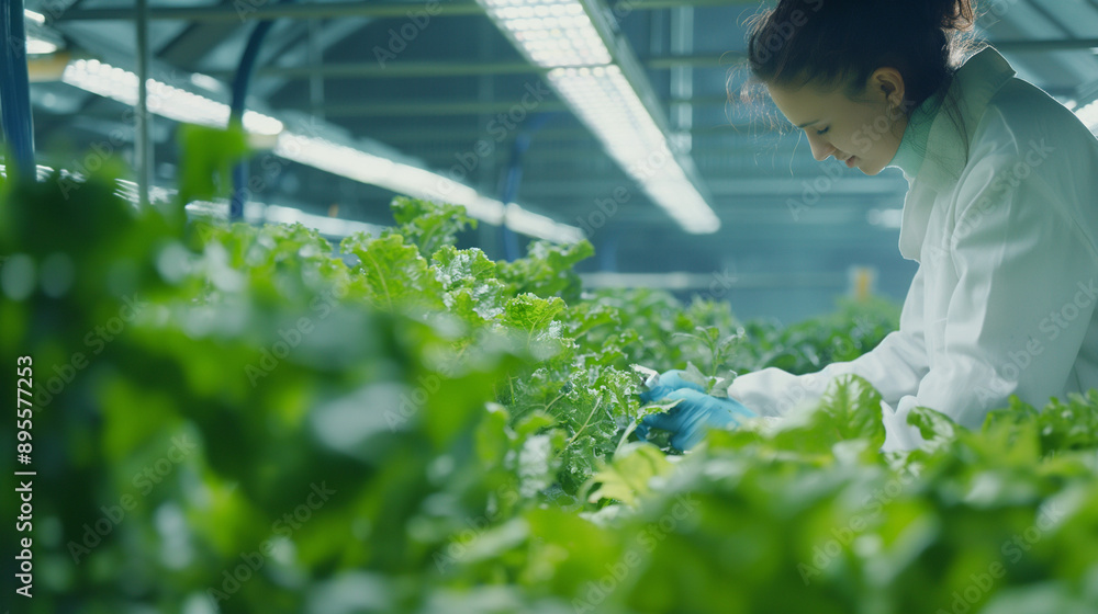A scientist in, examining plants and using digital tools to monitor growth, with rows of vibrant, healthy crops in a controlled environment A scientist in, examining plants and using digital tools to monitor growth, with rows of vibrant, healthy crops in a controlled environment
