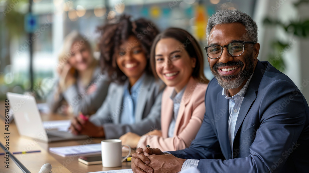 Smiling employees of a diverse law firm gathered around a conference table, exuding teamwork and unity. Smiling employees of a diverse law firm gathered around a conference table, exuding teamwork and unity.
