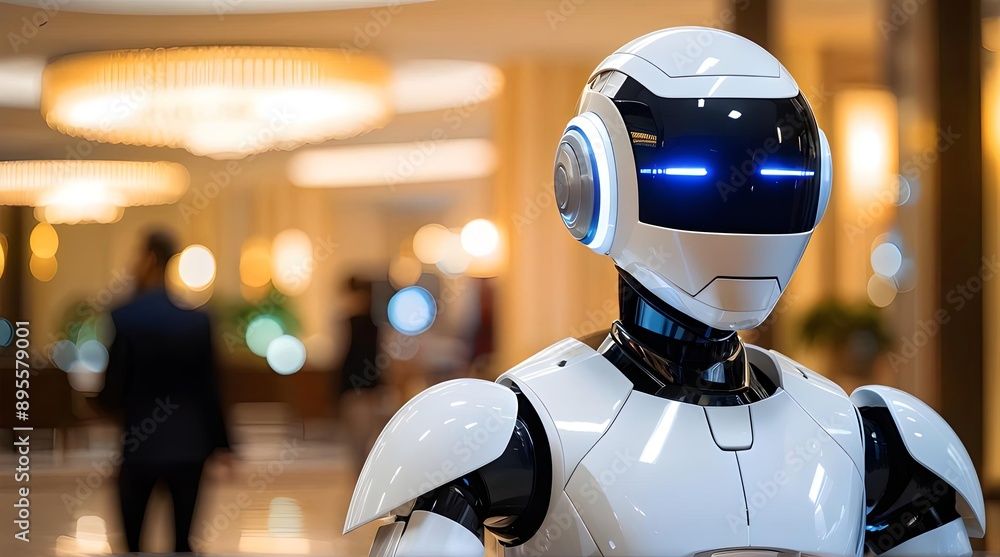 Advanced humanoid robot with glowing blue eyes in luxury hotel lobby; AI technology advertisement. Generative AI Advanced humanoid robot with glowing blue eyes in luxury hotel lobby; AI technology advertisement. Generative AI