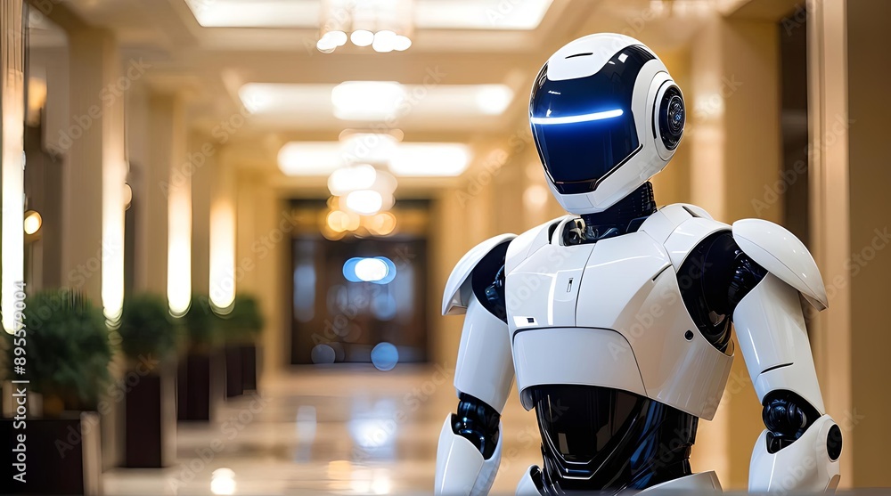 Sleek futuristic robot in luxurious hallway, high-tech ambiance, tech industry promotion. Generative AI Sleek futuristic robot in luxurious hallway, high-tech ambiance, tech industry promotion. Generative AI
