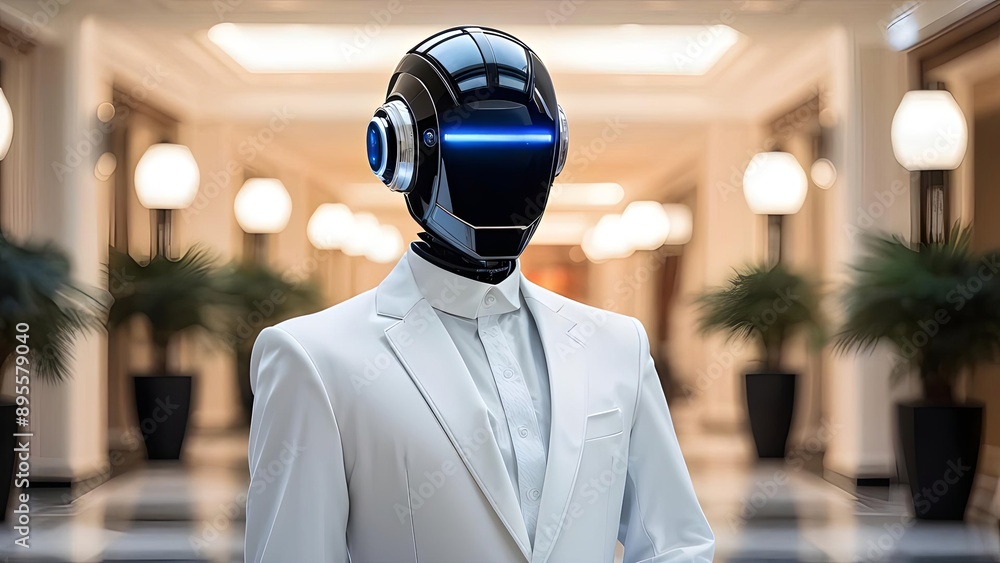 Futuristic android in white suit with neutral mood in modern hall, tech conference banner**. Generative AI Futuristic android in white suit with neutral mood in modern hall, tech conference banner**. Generative AI